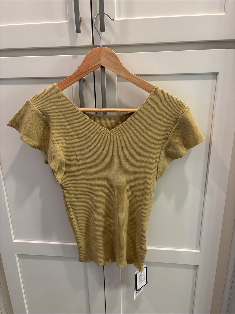 Flutter Sleeve V-Neck Ribbed Top in Mustard